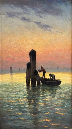 Achille Vertunni (1826 - 1897) 
Pescatori all'alba 
olio su tela applicata su masonite 110 x 61 cm