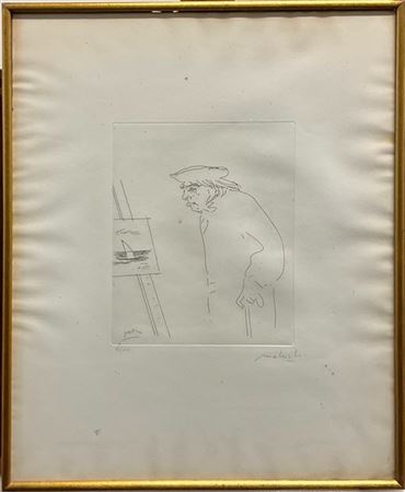 Carlo Mattioli "Ritratto di Carrà" 
acquaforte
(lastra cm 24,4x19,6; foglio cm 5