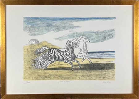 Giorgio De Chirico "Cavallo e zebra" 1974
litografia a colori
cm 49x69
firmata,