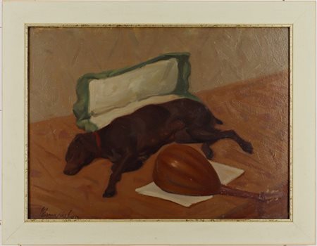 Bruno Semprebon "Natura morta con cane e mandolino" 
olio su masonite
cm 25,5x34