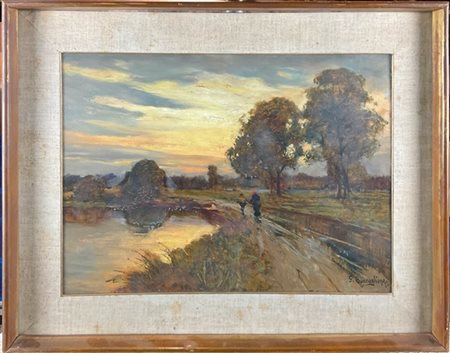 Giuseppe Buscaglione "Tramonto nella campagna piemontese" 
olio su compensato (c