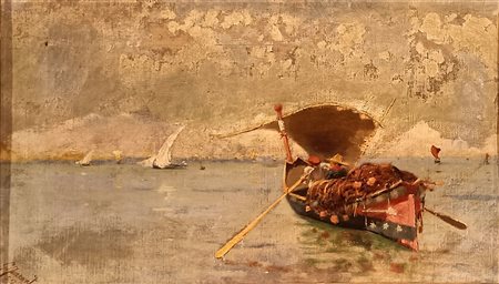 QUARANTA GIUSEPPE Napoli (Na) 1851 Pescatori Olio su tela 27,00x46,00 Firma e...