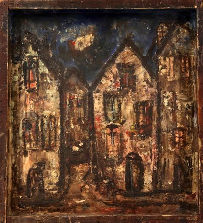 FRANCO ROGNONI 1913 - 1999 " Case ", anni 60 Olio su tavola, cm. 29 x 26...