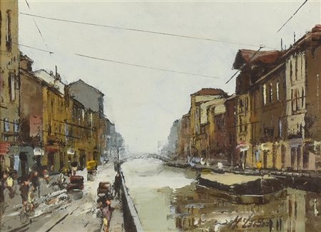 Matteo Lagana' PIOGGIA SUL NAVIGLIO, 1982 olio su cartone telato, cm 13x18...