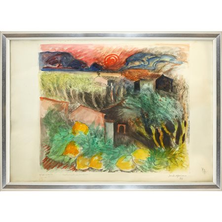 Santo Marino (Militello val di Catania  1924-1991)  - Paesaggio con case, alberi e limoni, 1982