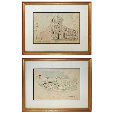 Coppi di disegni acquerellati raffiguranti Teatro Greco e Cattedrale Santa lucia di Siracusa, Firmato Salvatore Amato