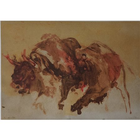 Bisonte, tempera su carta, cm 21x30, firmato