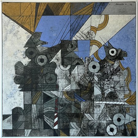 Mariano Fracalossi, Tregua recente (1973), tecnica mista su tela, cm 50x50