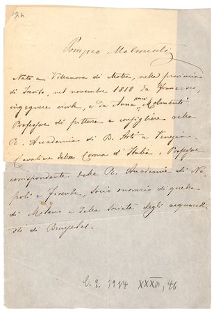 Pompeo Marino Molmenti (Villanova di Motta di Livenza 1819 - Venezia 1894), Breve biografia autografa - pittura veneta