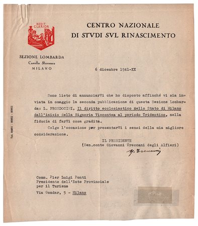 Giovanni Treccani Degli Alfieri (Montichiari 1877 - Milano 1961), Centro Nazionale di Studi sul Rinascimento - Sezione Lombarda