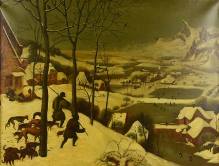 Da Pier Bruegel Il Vecchio CACCIATORI NELLA NEVE copia dall'antico su tela...