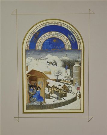 LES TRES RICHES HEURES DU DUC DE BERRY: FEBRUARY riproduzione su carta del...