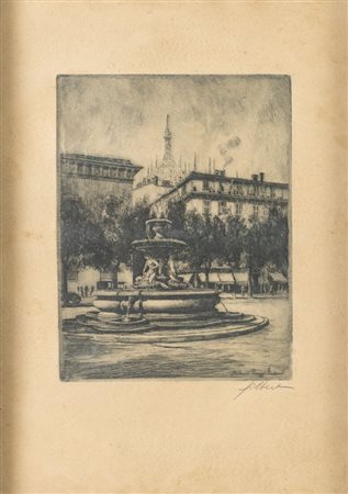 Pittore del XX secolo. "Piazza fontana". Incisione su carta. Foglio cm 50x35;...