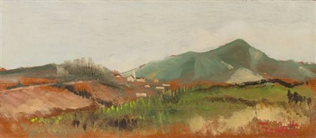 TRISTANO TROMBETTI "Paesaggio". Olio su tavola. Cm 13x30. Opera firmata in...