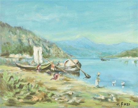 Egidio Fusi BARCHE ALL'APPRODO, 1978 olio su tela, cm 40x50 firma sul retro:...