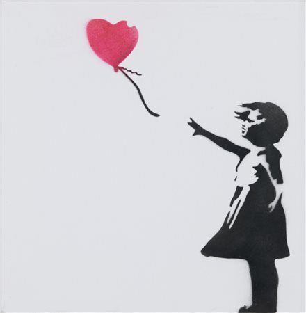 Banksy (Bristol 1974) Girl with baloon Spray e stancil su tela cm. 40x40 Sul...