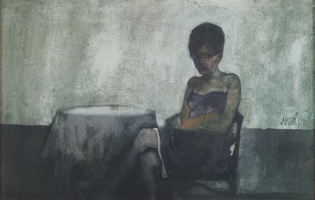 Alberto Sughi (Cesena 1928-2012) Donna al bar, 1959 Olio su tela cm. 45x70...