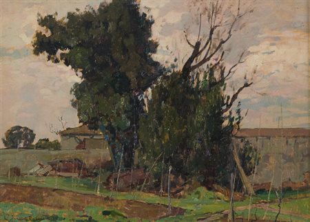 Gino Romiti (Livorno 1881-1967) Paesaggio Olio su tavola cm. 22x30 Firmato in...