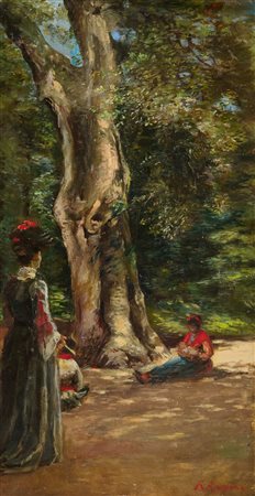 Raffele Ragione (1851) Donne al parco, 1910 Olio su tela cm. 48x26 Firmato in...