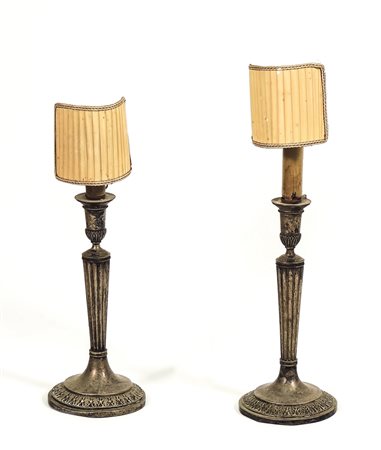 COPPIA DI CANDELIERI IN ARGENTO - PAIR OF SILVER CANDLEHOLDERS CONVERTED TO...