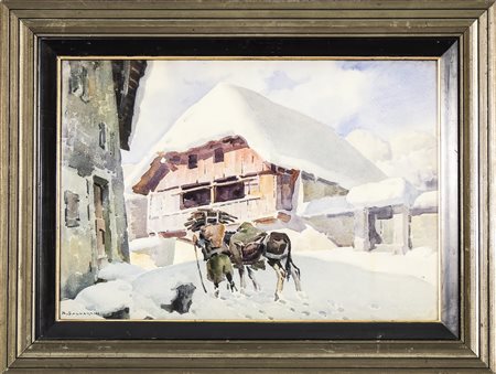 ARCANGELO SALVARANI (1882-1953) Paesaggio innevato con case e figura -...