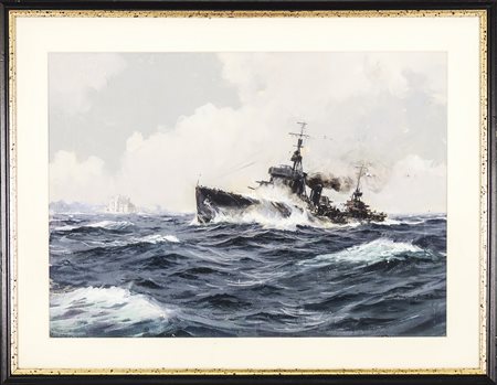 DIMITRIE STIUBEI (1901-1989) Nave militare - Military Ship tempera su...