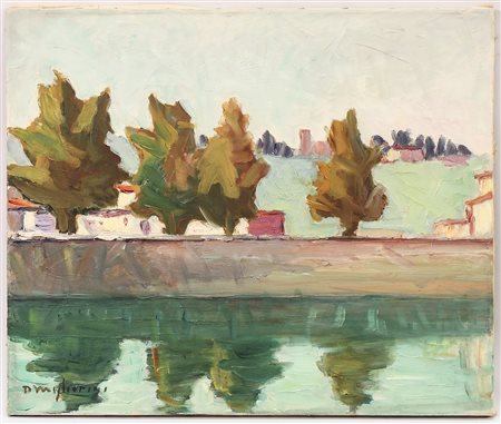 DINO MIGLIORINI (1907-2005) Paesaggio sull'Arno - River Landscape olio su...