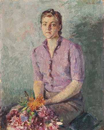 Ada Schalk (Milano 1883-Varese 1957)  - Ritratto di ragazza con fiori