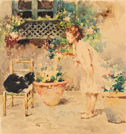 Vincenzo Irolli (Napoli 1860-1949)  - Bambina in giardino