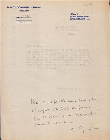 Pajetta, Giancarlo o Gian Carlo  (Torino 1911 - Roma 1990)        Politico e Partigiano Italiano :  Lettera dattoloscirtta 