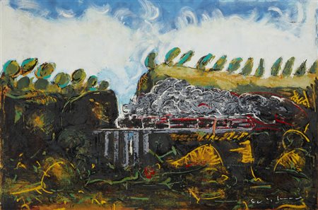 SCHIFANO MARIO (1934 - 1998) - QUADRO SEVERO CON TRENINO ALLEGRO.