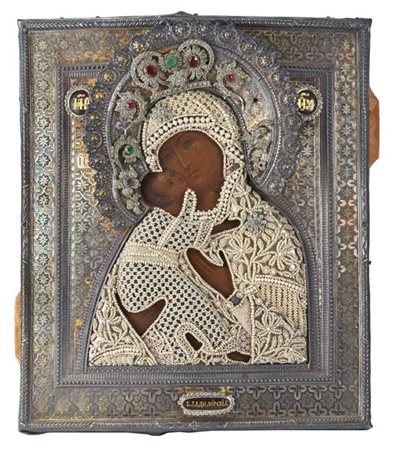 Arte russa, secolo XIX. Icona a tempera su tavola raffigurante Madonna della Te