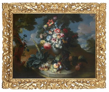 Michele Antonio Rapous "Composizione con vaso di fiori all'aperto"
olio su tela