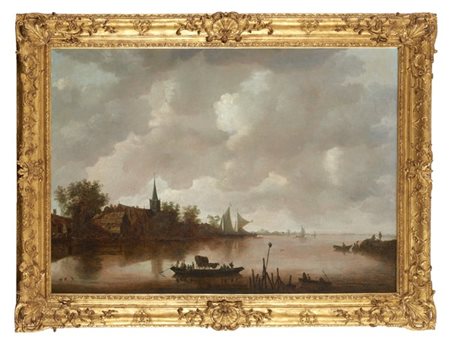 Cerchia di van Goyen"Paesaggio fluviale"olio su tela (cm 94x135)iscritto in