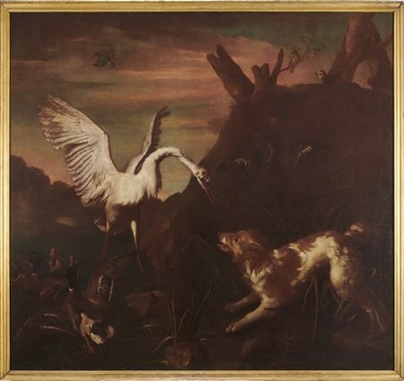 Giovanni Agostino Cassana "Airone e cane in un paesaggio"
olio su tela (cm 194x2