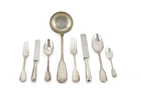 Servizio di posate in argento da dodici composto da forchette, coltelli, cucchi