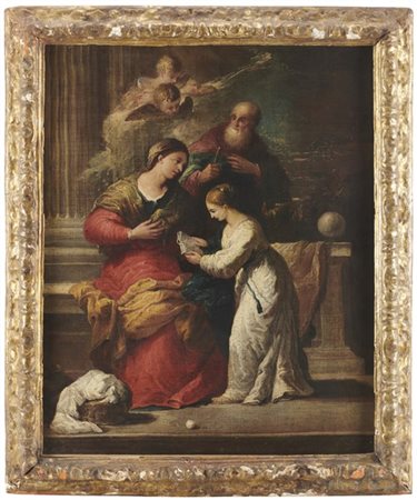 Gregorio Lazzarini (attr.)"Educazione della Vergine"olio su tela (cm 61x50,5)
