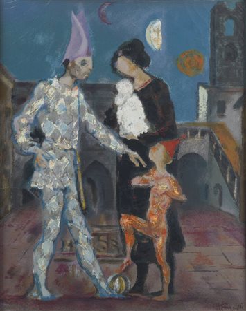 TRENTO LONGARETTI<BR>Treviglio (BG) 1916 - 2017 Bergamo<BR>"Famigla di Arlecchino in Piazza Vecchia" 1977