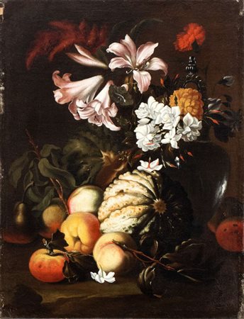 Abraham Brueghel (Anversa 1631-Napoli 1697) Natura morta con zucca, pesche e...