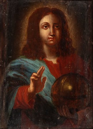 Artista lombardo, XVII secolo () Salvator Mundi Olio su tavola cm. 39x25. Con...