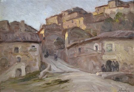 SCATTOLA FERRUCCIO Venezia 1873 - Roma 1950 Borgo olio su cartone 24x33,5...