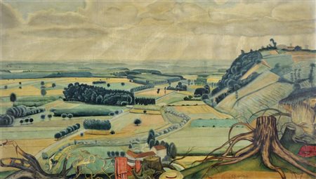 GUARIENTI CARLO Treviso 1923 Paesaggio 1952 olio su tavola 34,5x60 firma in...