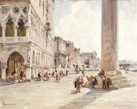 BROMBO ANGELO Chioggia 1893 - 1962 Mattino in piazzetta olio su tavola 40x50...