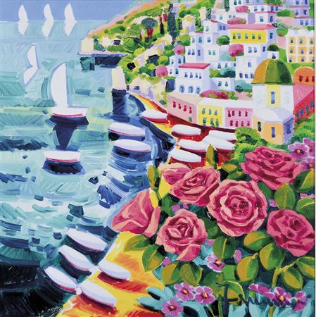 FACCINCANI ATHOS Peschiera del Garda 1951 Tra le rose Positano 2012 olio su...