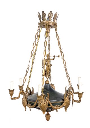 Lampadario di gusto Impero in metallo e bronzo, XIX secolo cm 90x75 corpo a...