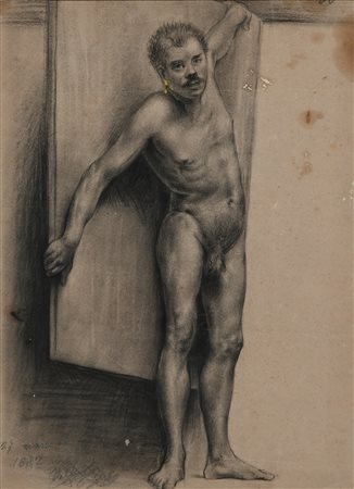 Giuseppe Bertini (Milano 1825-Milano 1898) Nudo Accademico 1882 Carboncino su...