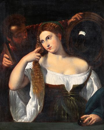 Scuola italiana del XVIII secolo Donna con specchio, da Tiziano Vecellio Olio...