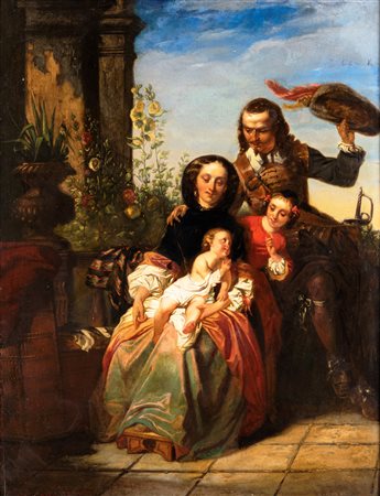 Casimir van den Daele (1818-1880) Famiglia nel giardino 1853 Olio su tavola...