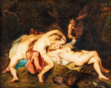 Pittore Fiammingo del XIX secolo Ninfe e Satiri Olio su tela cm 55x71 - con...