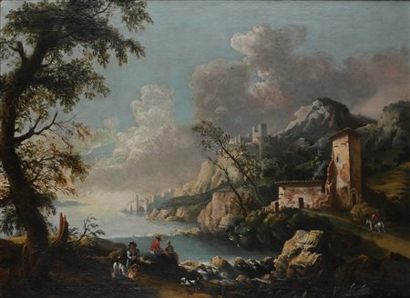 Scuola veneta del XVIII secolo Paesaggio con borgo turrito Olio su tela cm...